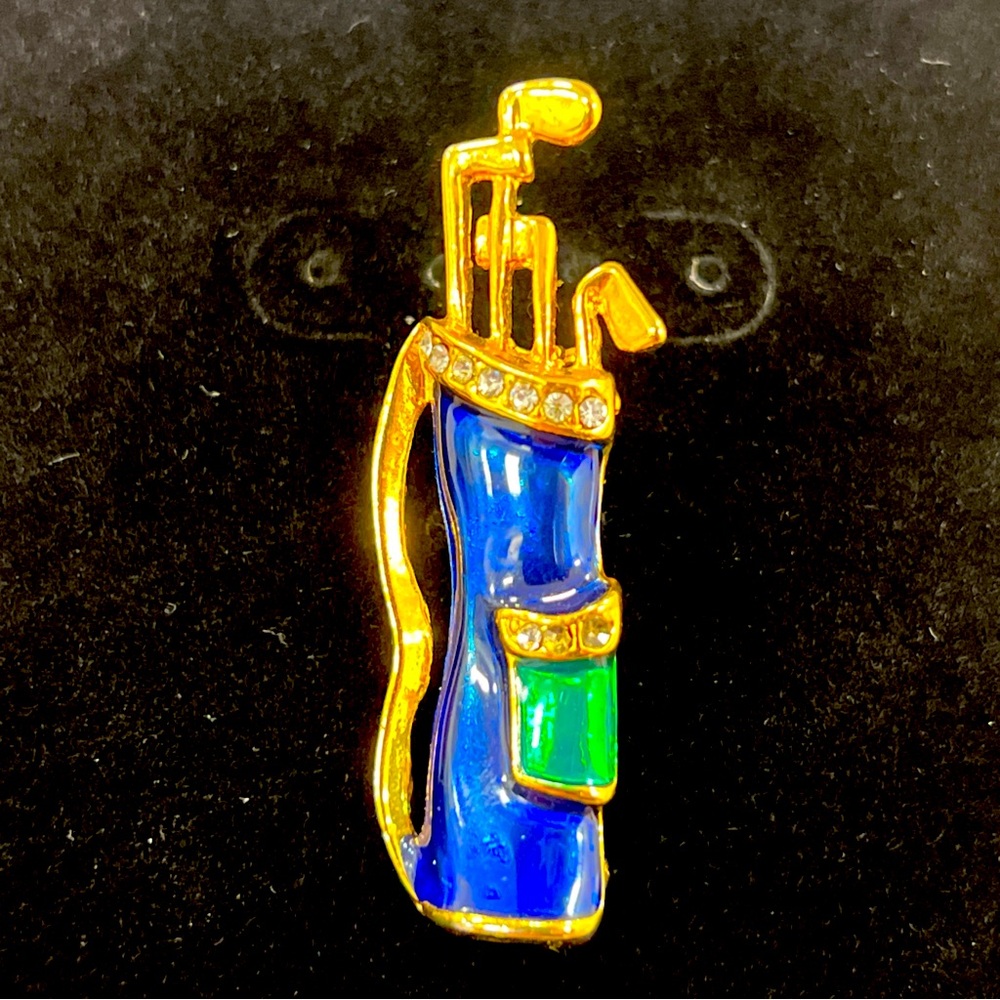 Gerry Golf Bag & Clubs Brooch Pin Blue Green Enamel Gold Tone Rhinestones EUC